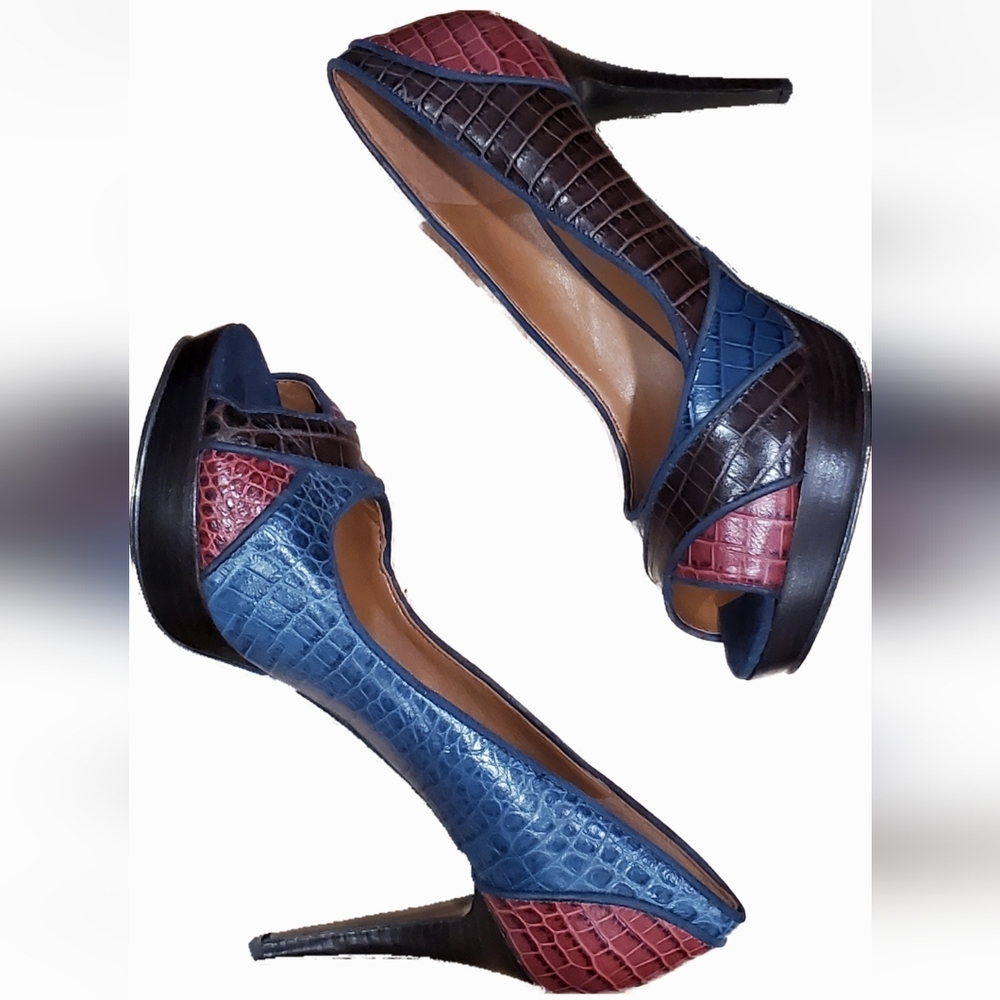 Elegant Blue and Red Peep-Toe Heels